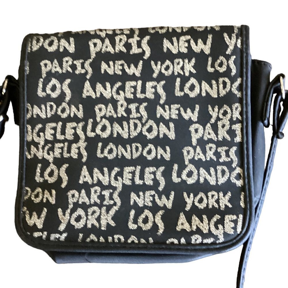 Mini Crossbodyβ Bag Graphic Print LA NY London Paris Black & Silver 156D